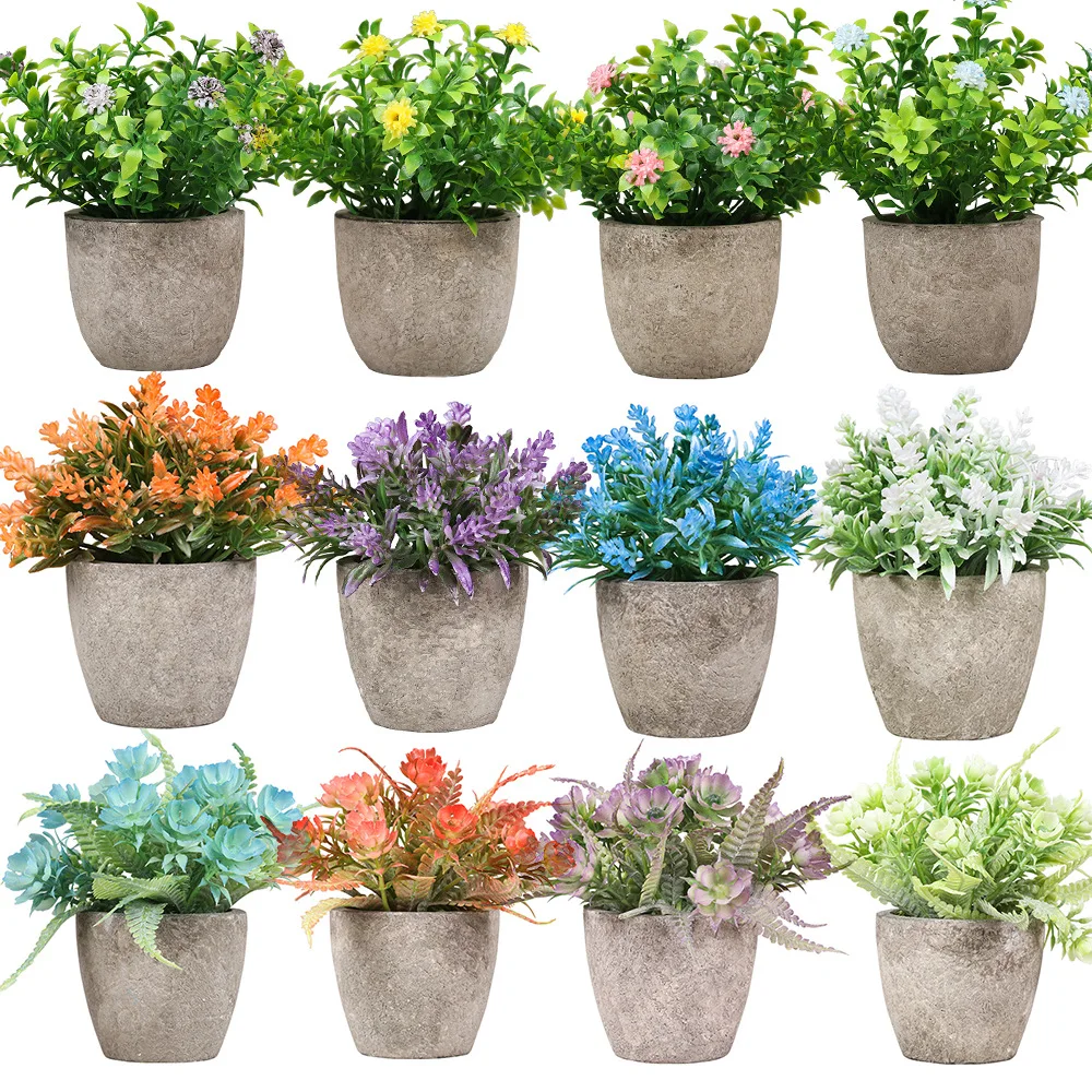 

12 Pack Small Potted Artificial Plastic Plants,Fake Lavender Plant Faux Flower Houseplants Home Decor Indoor,Wedding Office Desk