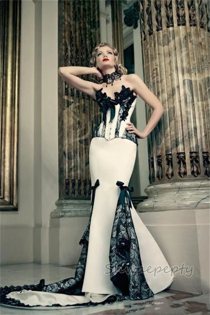 Винтажное черно-белое свадебное платье русалки викторианский корсет длинные
