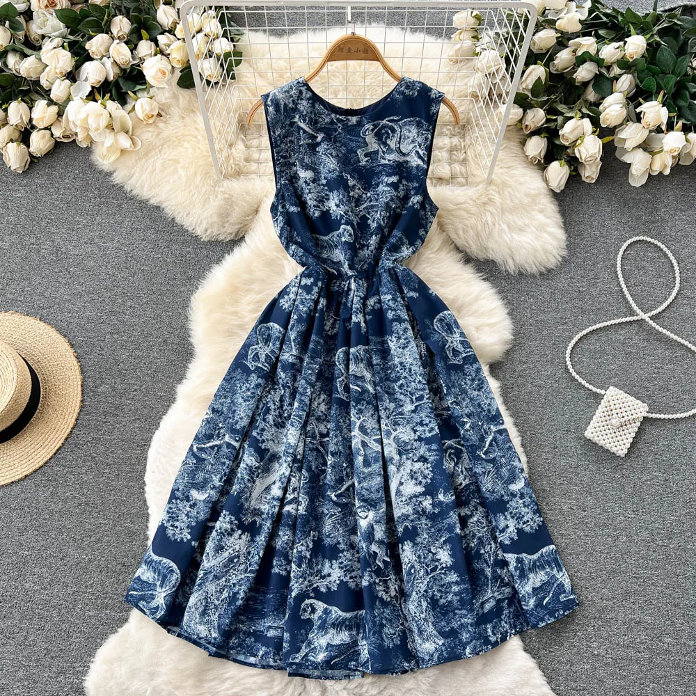 

Платье VANOVICH во французском стиле с винтажным принтом, летнее Новое тонкое платье-трапеция без рукавов с О-образным вырезом и плиссировкой, д...