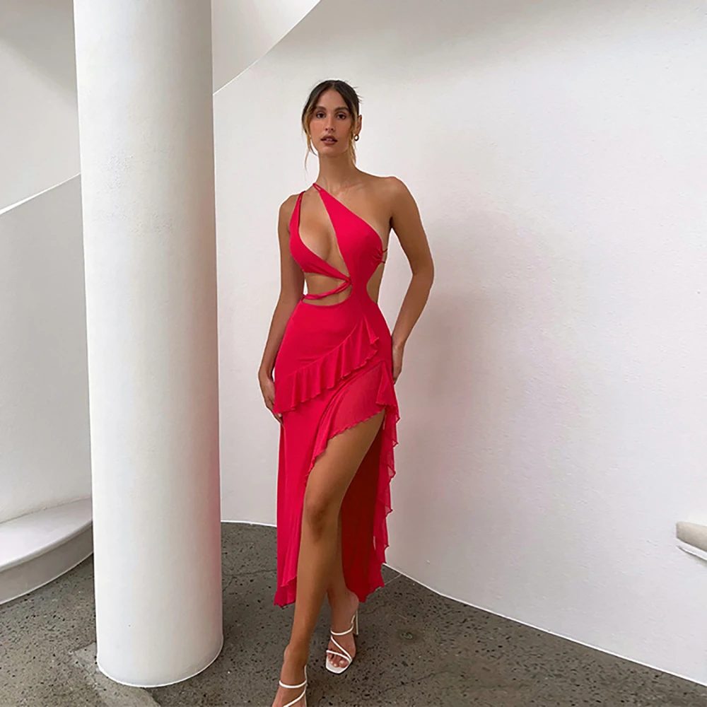 

Women's Long Slant Shoulder Irregular Ruffle Dress Split Waist, Small Red Dresses French Party Prom Cocktail Evening Gowns 2023