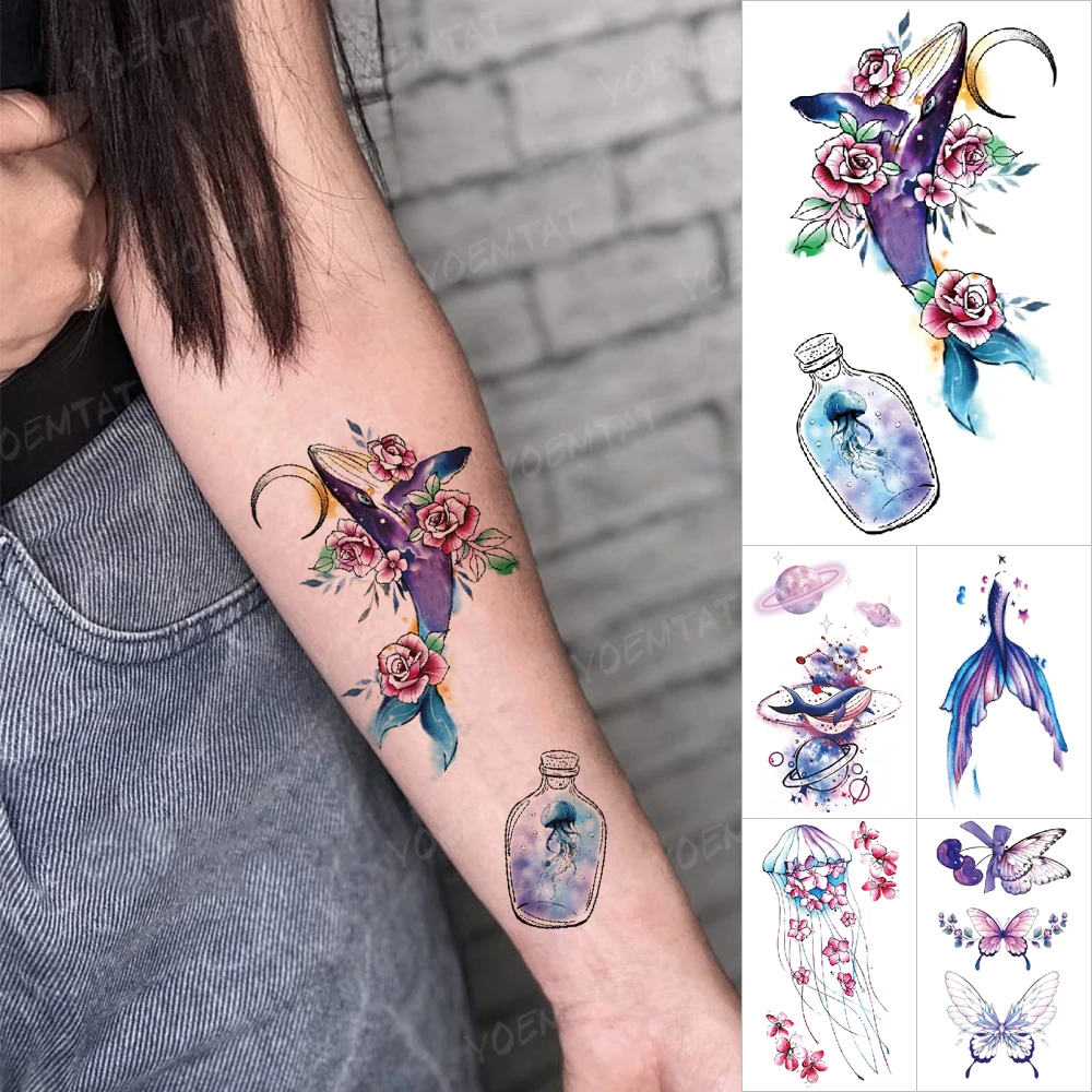

Watercolor Whale Jellyfish Butterfly Animal Tattoo Cute Kids Child Transfer Temporary Tatoo Sticker Arm Body Art Fake Tatu Women