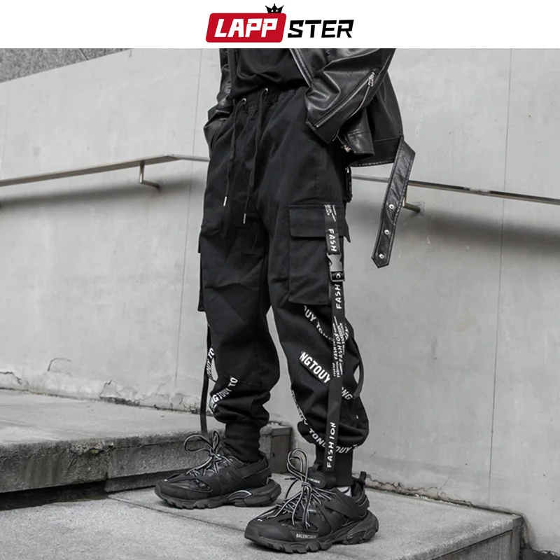 

Mens Japanese Streetwear Cargo Pants 2023 Mens Ribbons Hip Hop Overalls Joggers pants Male Black Fashions Sweatpants