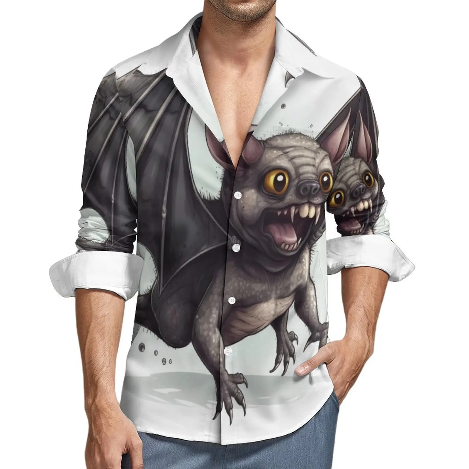 

Bat Shirt Male Cartoon Drawing Style Casual Shirts Spring Aesthetic Printed Blouses Long Sleeve Fashion Oversize Tops Gift