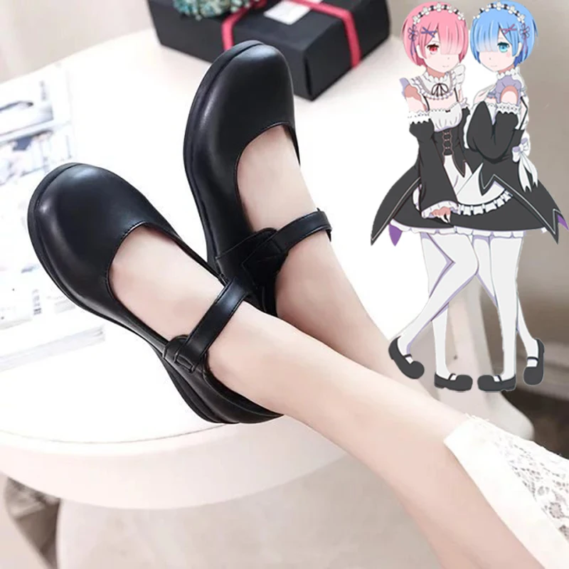 

Re:Zero kara Hajimeru Isekai Seikatsu Ram Rem Kasugano Sora Women Maid Black Leather Flat Low Heel Shoes Seikatsu Emilia Rem Ram