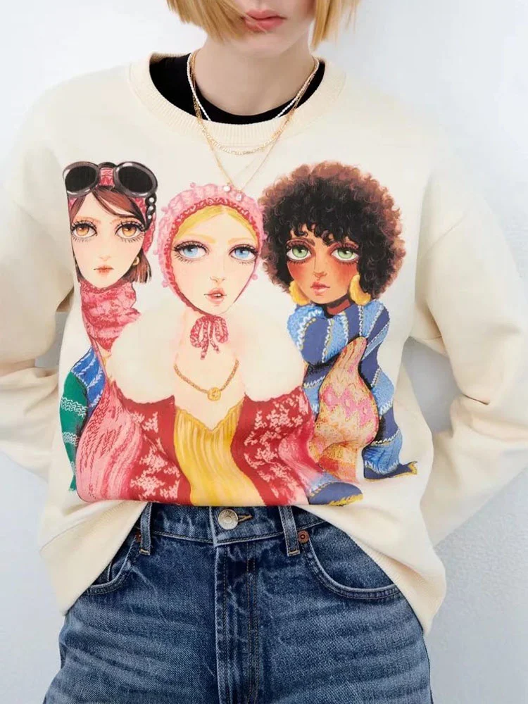 

ZA autumn and winter women's personality fun cartoon girl pattern round neck long-sleeved contrast printing sweater