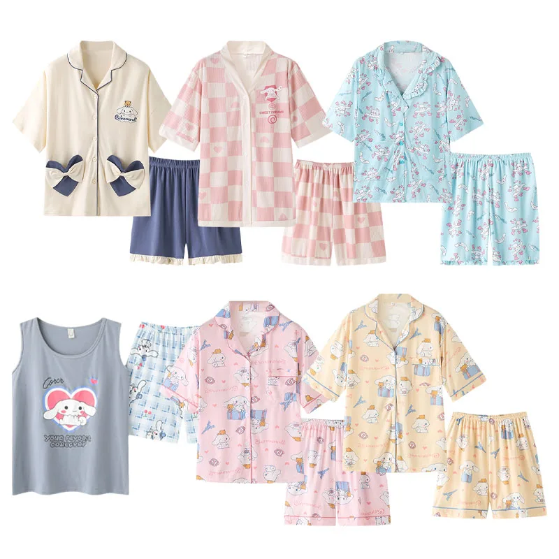 

Kawaii Cinnamoroll шорты пижамный комплект Летняя женская аниме Sanrioed сердечки для девочек милые удобные домашние подарки для девочек