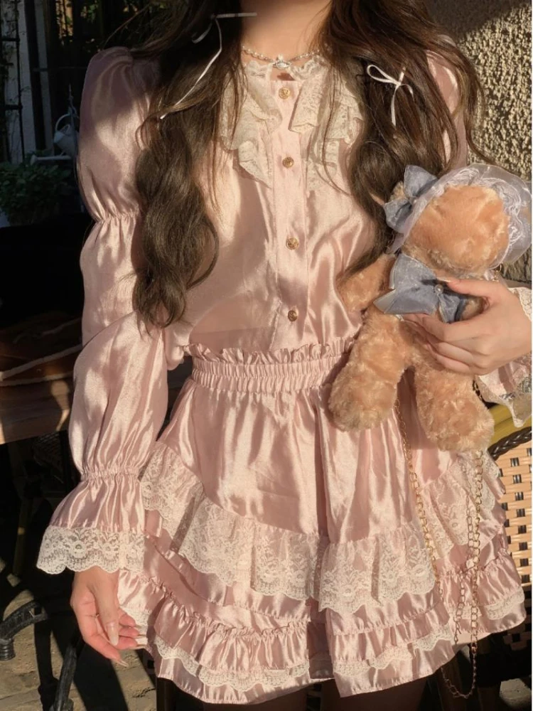 

Женский кружевной костюм в японском стиле, Повседневная Блузка с длинным рукавом и мини-юбка Y2k розового цвета, 2023