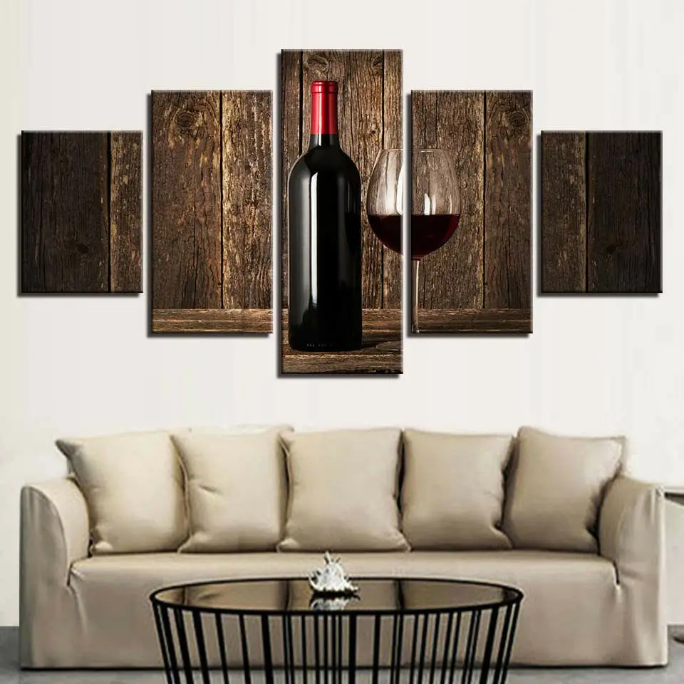 

No Framed Canvas 5 Panel Red Wine Glass Bottle Bar Drinks Modern Cuadros HD Wall Art Posters Pictures Room Paintings Home Decor