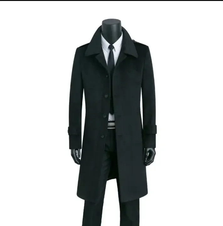 Мужское повседневное шерстяное пальто черное утепленное однобортное