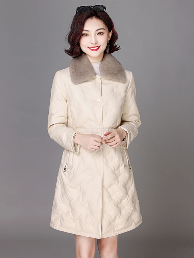 New Women Leather Down Coat Autumn Winter Casual Fashion Real Mink Fur Collar Slim Sheepskin Down Outerwear Thick Warm Jacket