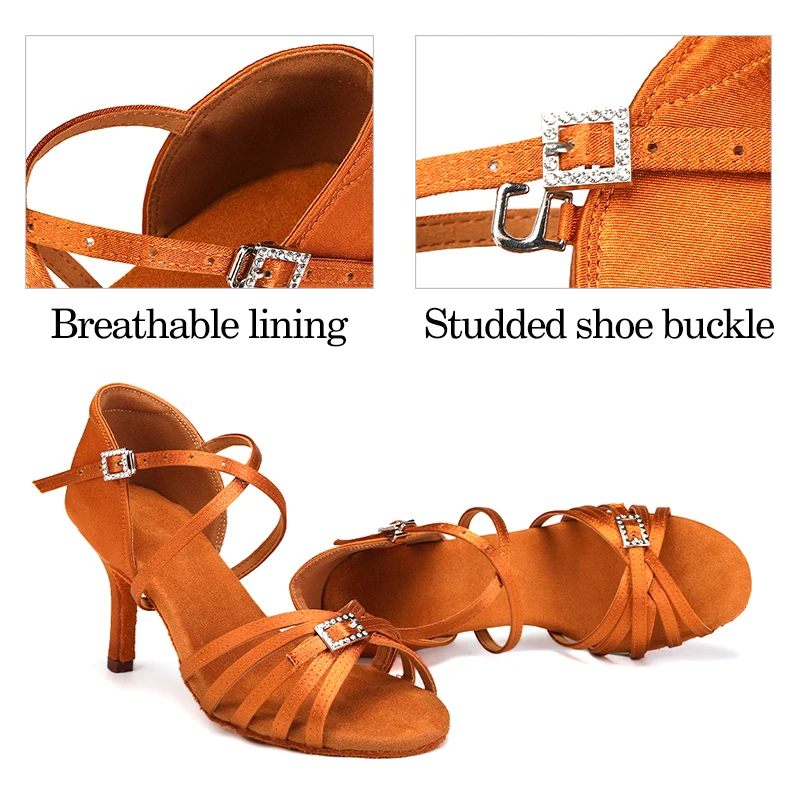 DKZSYIM New Latin Dance Shoes Women High Heel Satin Dancing Shoes lady Dance Shoes heeled 5cm-8.5cm Girls Salsa Ballroom Shoes