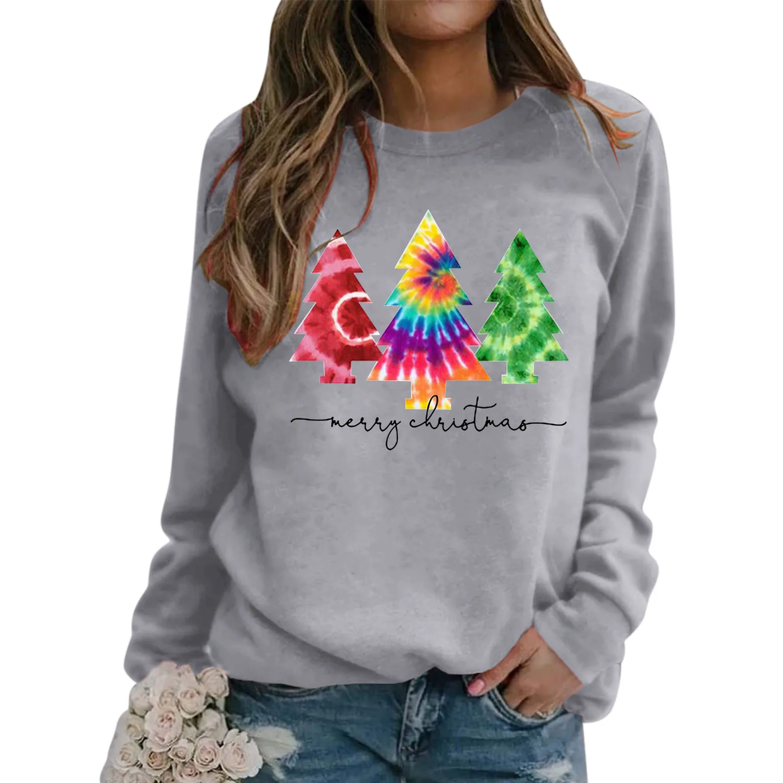 

Suitable Sweatshirt For Womens Christmas Print O Neck Sweatshirt Round Neck Fit Zip up Athletic Womens Distressed Sweatshirt