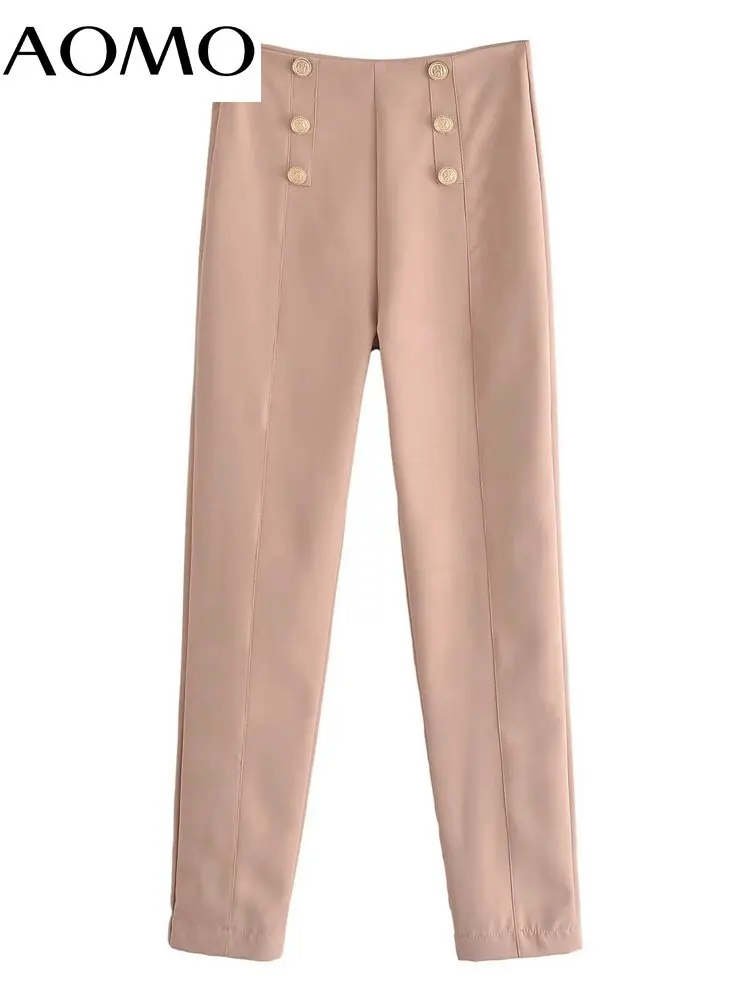 

AOMO Fashion Women Khaki Suit Pants Trousers High Waist Pockets Buttons Office Lady Pants QN126A