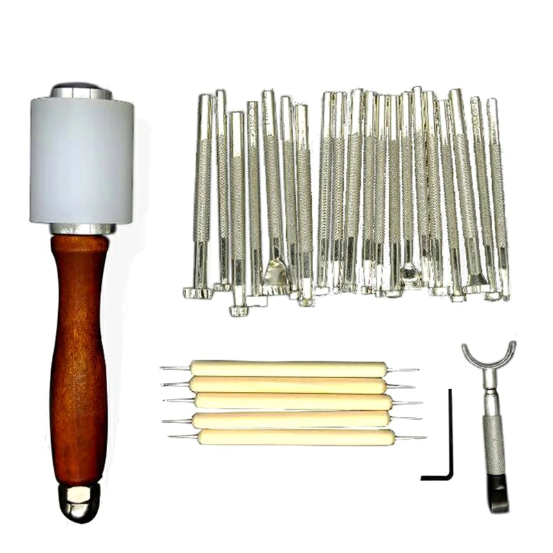 

DIY Leather Stamping Tool With Hammer Knife Indentation Pen Leather Craft Carving Working Saddle Making Tools Set
