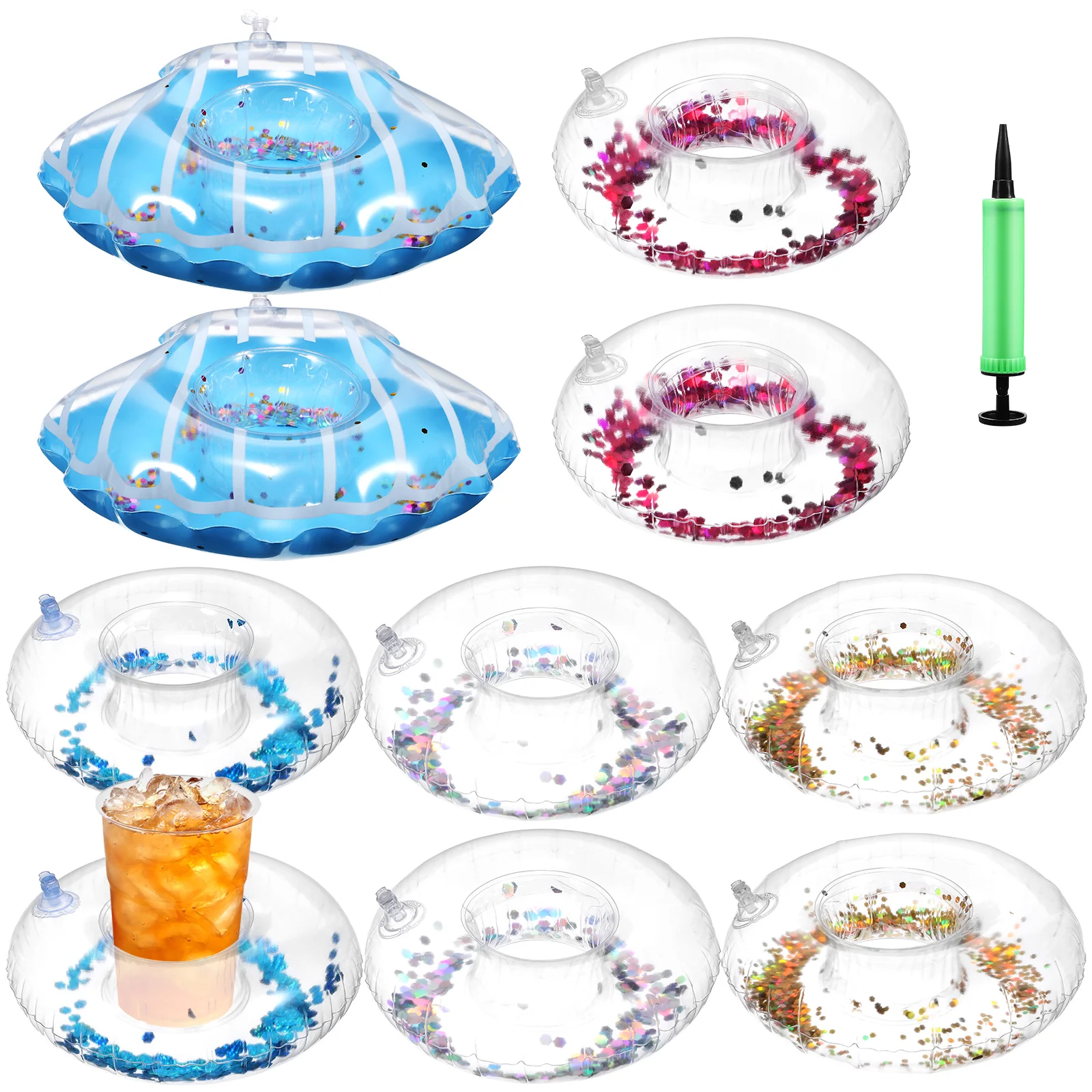 

10 Pcs Drink Floats Inflatable Bottle Pool Floating Holder Coaster Swimming Cup Air Pump Pvc