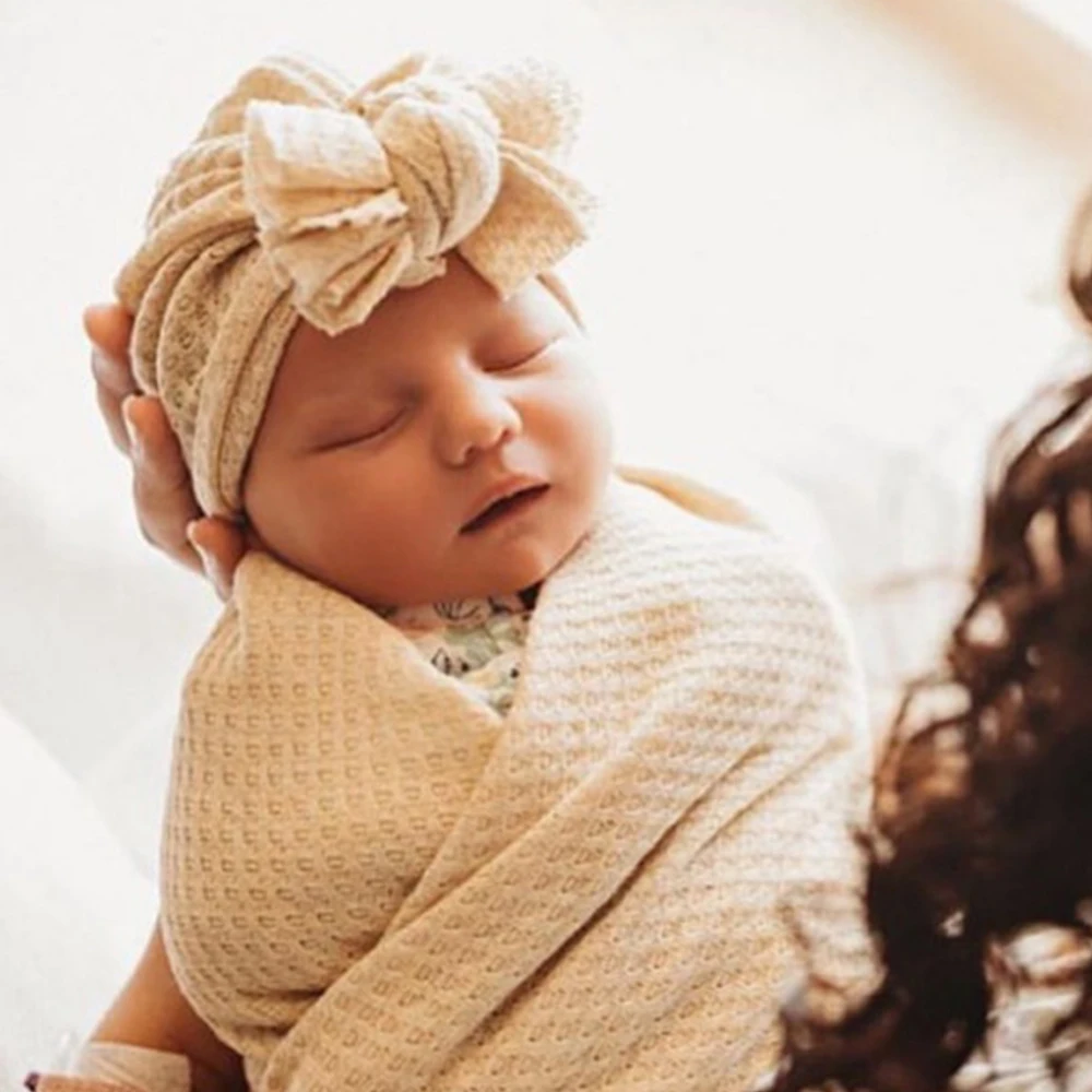 

New Born Soft Hospital Beanie Newborn Hat Baby Girls Messy Bow Turban Crochet Waffle Bonnet Skullies Children Warm Bowknot Hats
