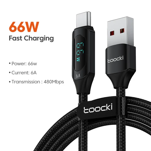USB-кабель Toocki с цифровым дисплеем, 6 А, 66 Вт