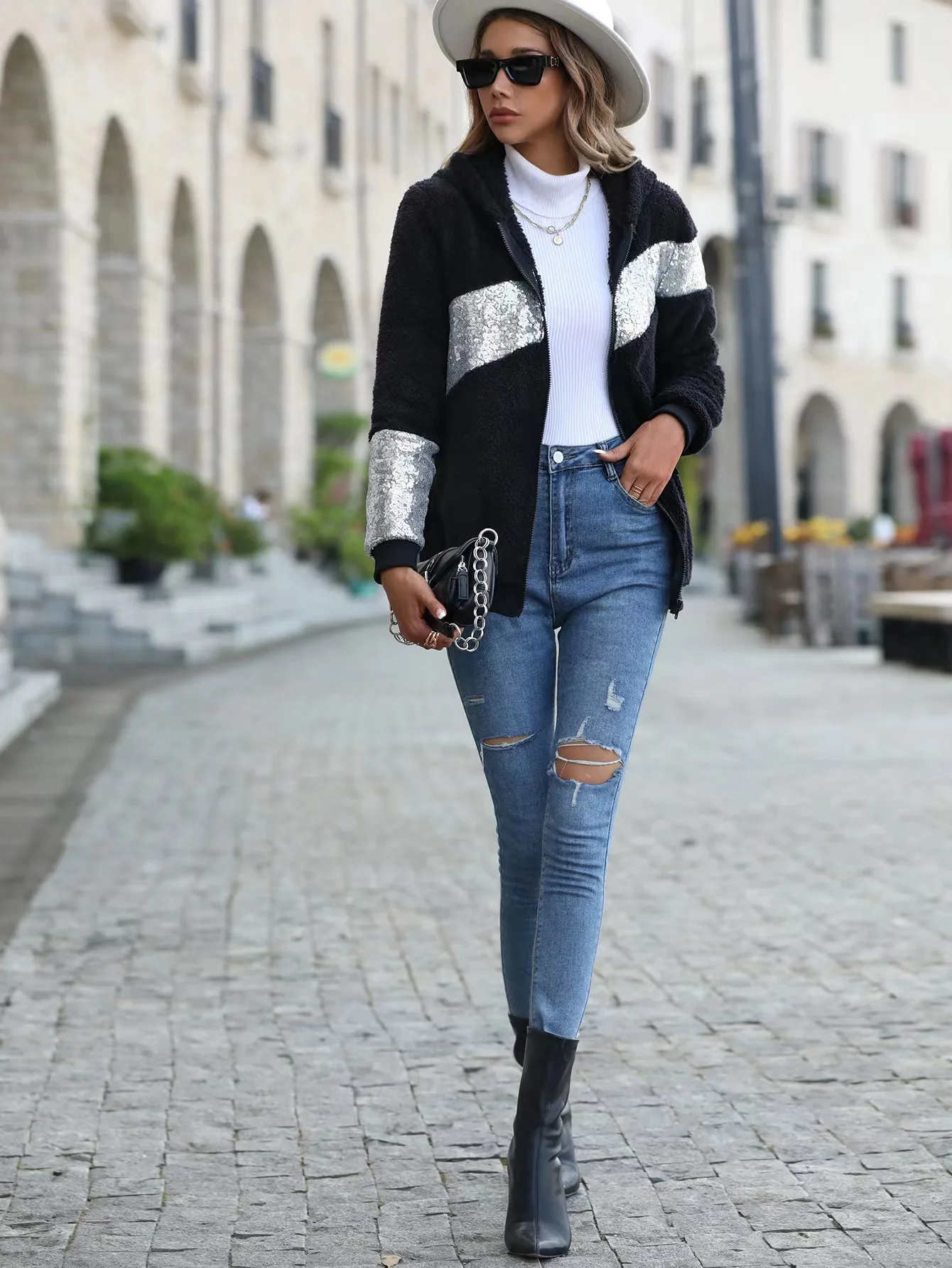 Sequined Double Sided Velvet Splice Hooded Zipper Women's Jacket  Black Hooded Basic  Fur Coat Women Casacos De Inverno