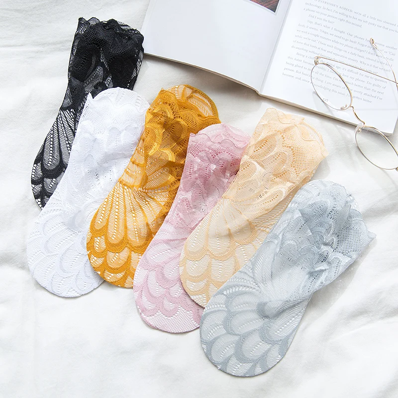 5Pairs Women Lace Flower Mesh Socks Non-slip Invisible Liner Sock Female Elastic Comfy Thin Transparent Breathable Ankle Socks