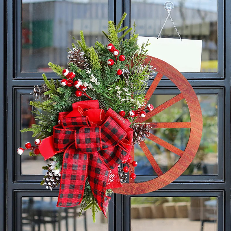 Рождественское колесо сетка лук венок красный узор бант сосновая игла украшение