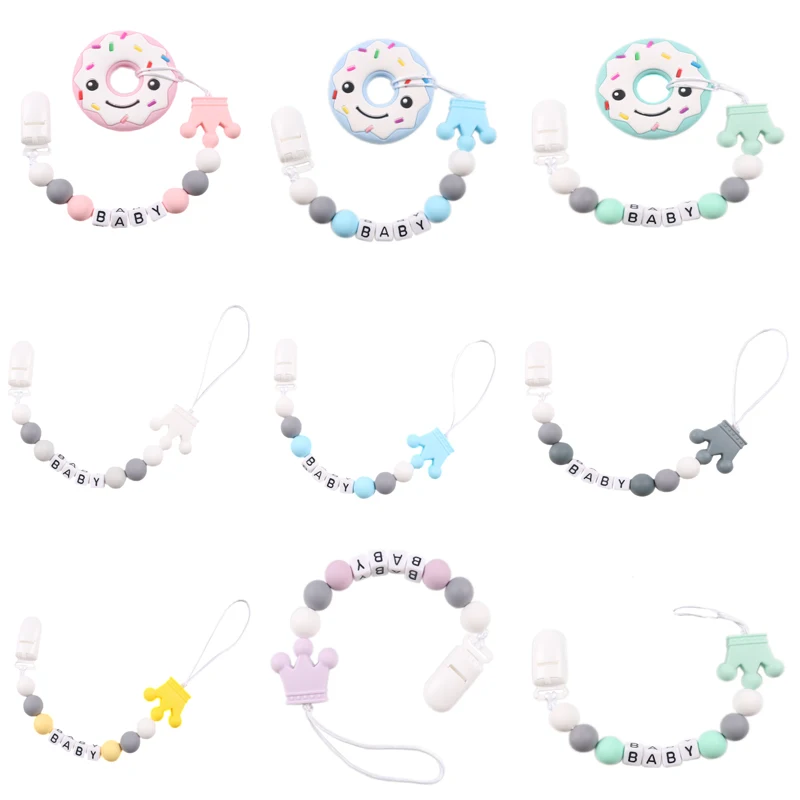 1Pcs Custom Personalized Name Pacifier Clip Handmade Beech Chain Silicone Doughnut Holder Soother Baby Teething Toys Chew Gifts - купить по