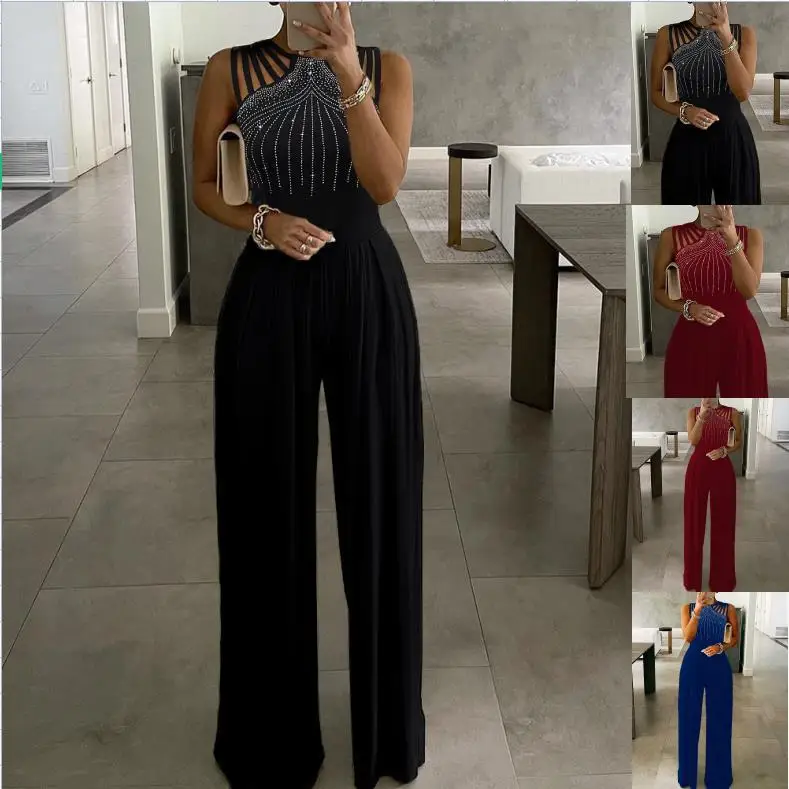 

2023 Winter Pullover Women's Casual Brick Set Wide Leg Jumpsuit Waist Set Diamond One-piece Dress Solid Color Dress