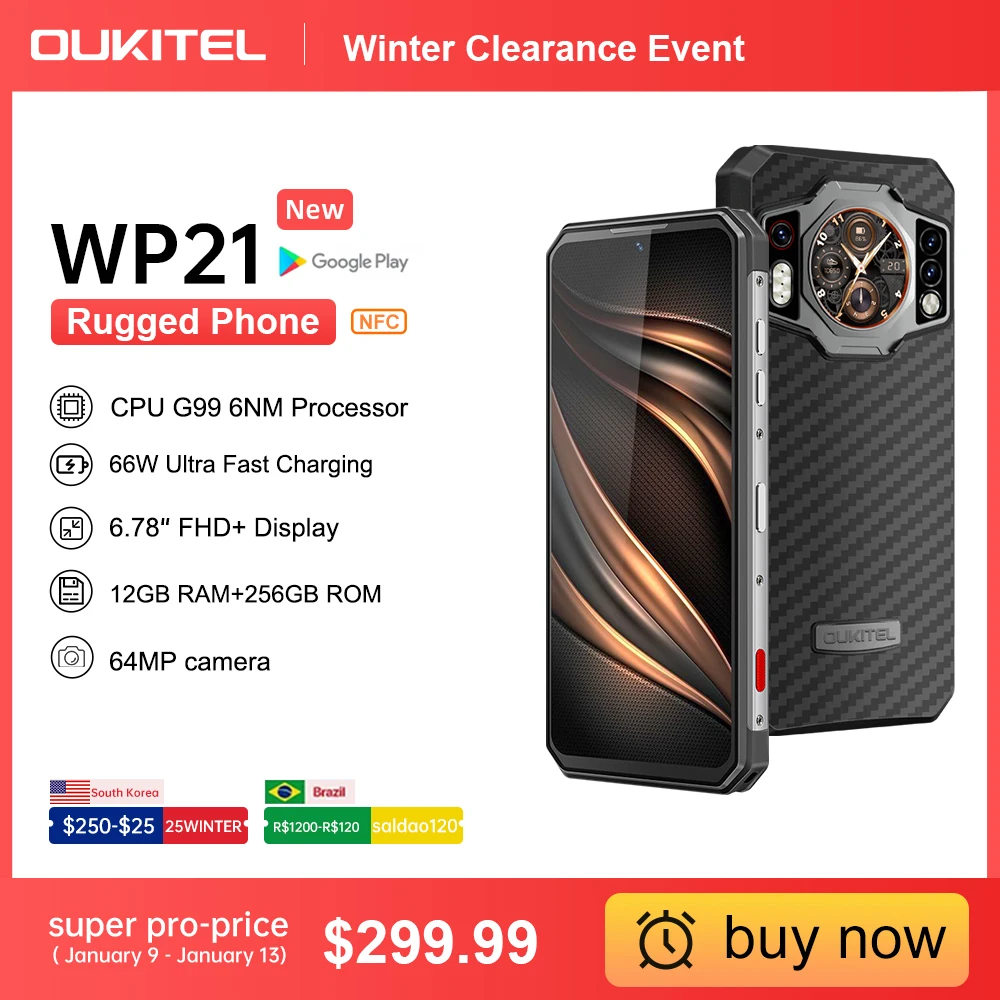  Oukitel WP21 Rugged Night Vision Smartphone, Cell Phone, Mobile Phone, 9800 mAh, 12GB+256 GB, 64MP Camera, 66W, 120 Hz Helio G99 