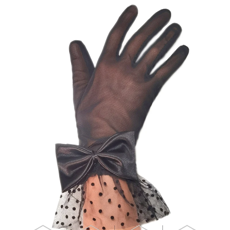 

Женские модные сексуальные кружевные сетчатые перчатки в горошек с бантом для защиты от солнца для вождения этикетка для косплея прозрачные загадочные аксессуары для ужина