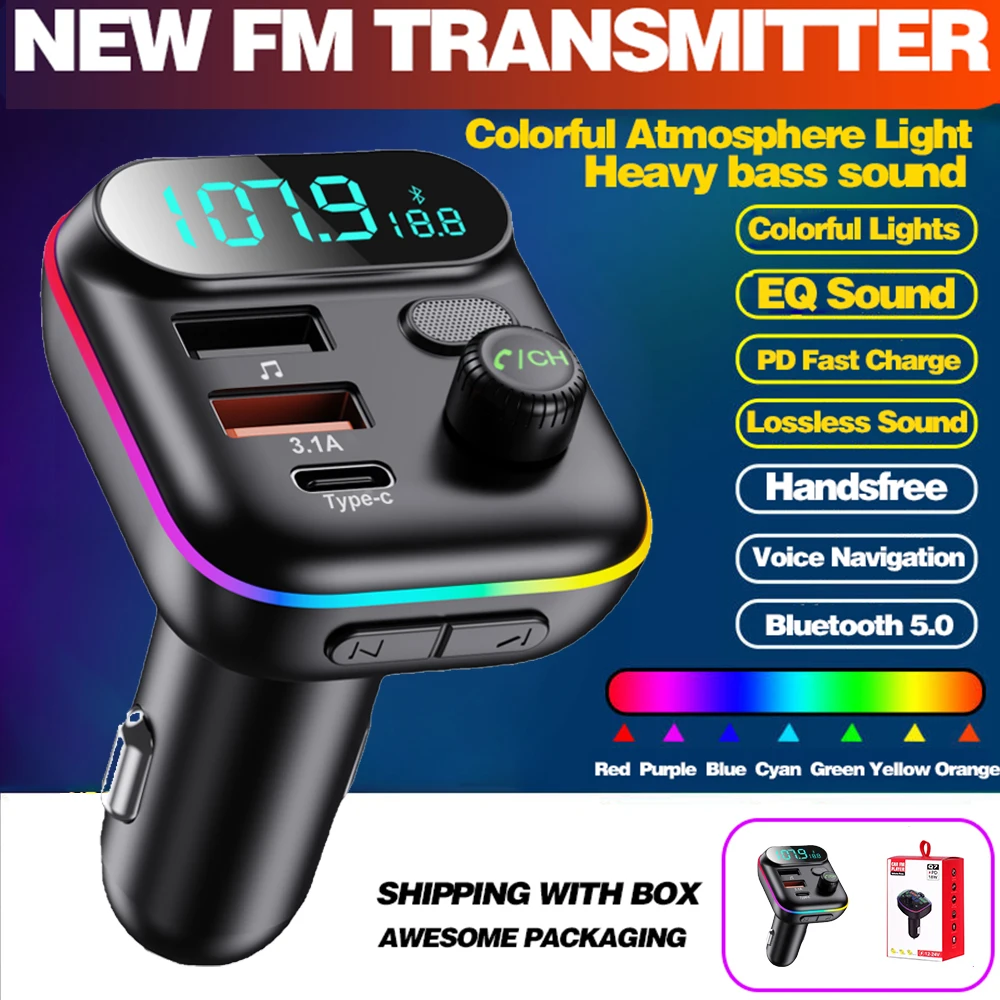 

Car Bluetooth 5.0 FM Transmitter Dual USB QC3.0 PD Type C Car Charger Ambient light Handsfree Mp3 Music Player Support TF Card