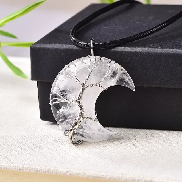 

New in Natural Crystal Pendant Tree Of Life Moon Shape Reiki Polished Mineral Jewelry Healing Stone For Men Women Jewelry Gift c