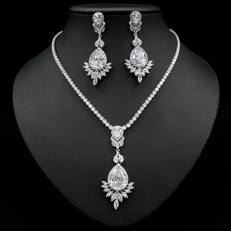 

Fashion White Gold Color Water Drop African Cubic Zirconia Big Luxury Women Bridal Wedding Party Costume Jewelry Set bijoux N907