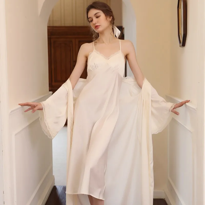 Sexy Women Twinset Robe Set Lace Cami Nighty&Robe Suit Sleepwear Bride Bridesmaid Satin Nightwear Spring New Lounge Home Wear