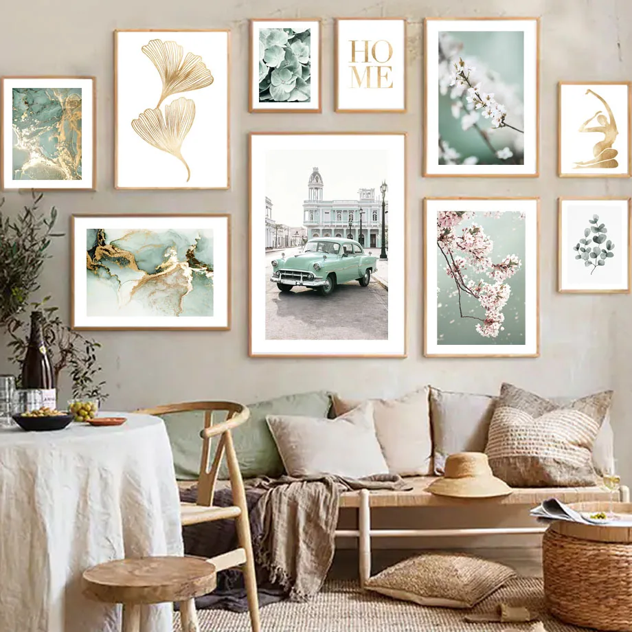 

Abstract Green Marble Woman Ginkgo Ocean Sunset Nordic Poster Wall Art Print Canvas Painting Wall Pictures For Living Room Decor