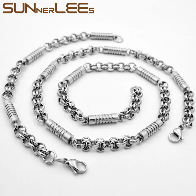 

SUNNERLEES Jewelry Stainless Steel Necklace Bracelet Set 6mm Geometric Link Chain Silver Color Gold Plated Men Women SC123 S