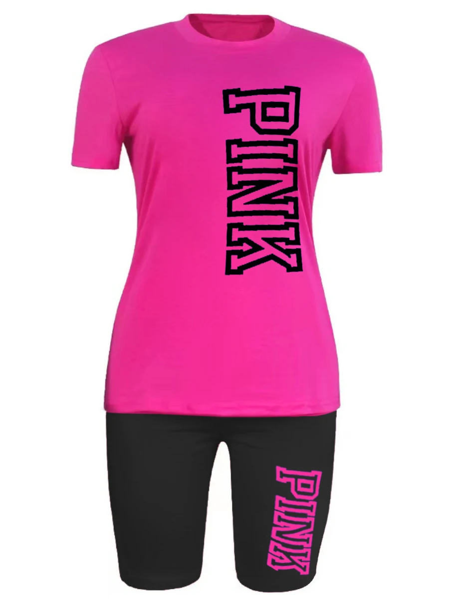 LW Plus Size Pink Letter Print Shorts Set Summer Women Printing Casual T-Shirt Y2k Graphics Top Shorts Set Lady Daily Streetwear
