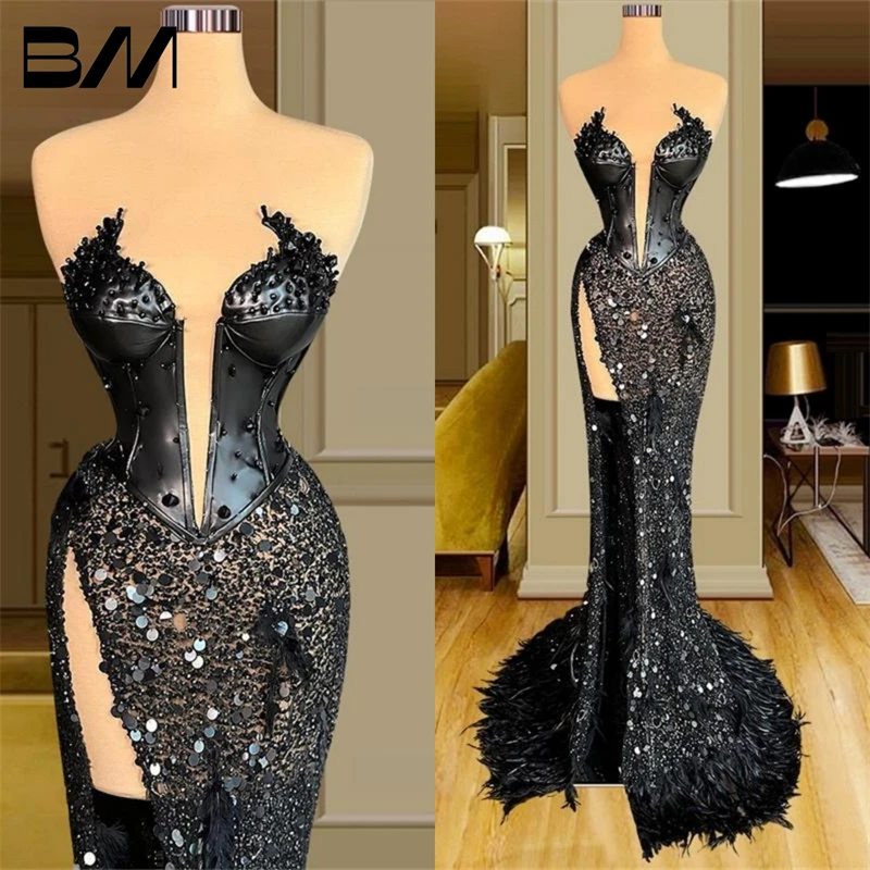 

Exquisite Feather Mermaid Long Party Dress Sweetheart High Split Side Sequins Evening Gowns Custom Beaded Women Prom Dresses