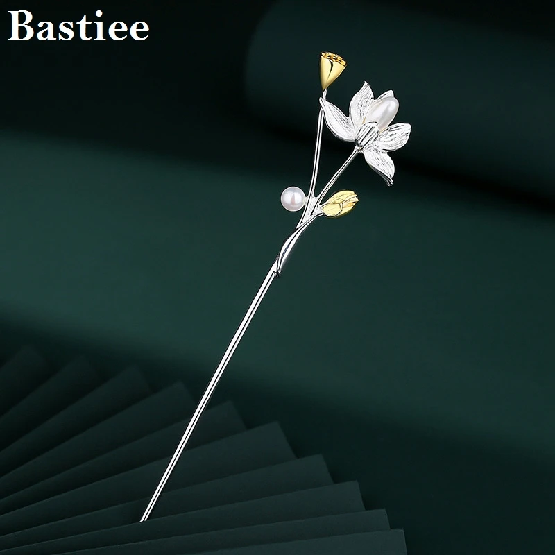 

Bastiee S925 Silver Hairpin Lotus Flower Ancient Hanfu Accessories Natural Pearl New Chinese Modern Qipao Curled Hair Headwear