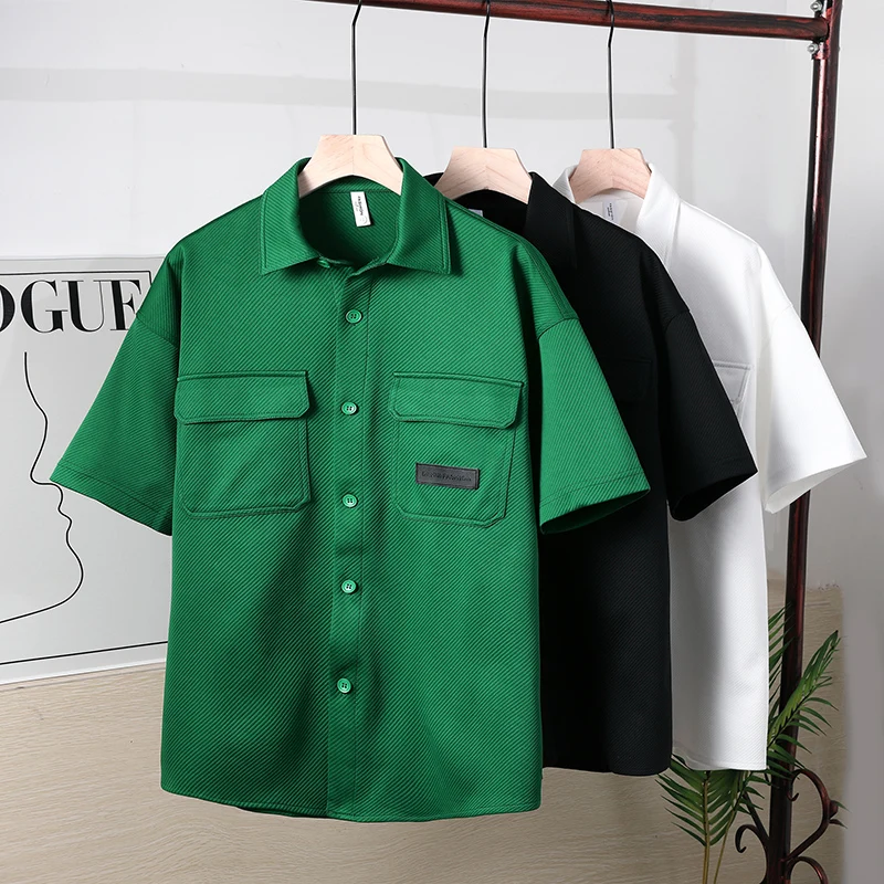 New Solid Color Men's Casual Shirts Loose Tops Short Sleeve Turn-Down Collar Tees Summer Youth Breathable Blouse Outwear Clothes