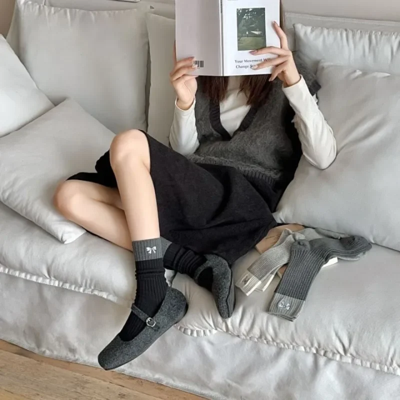 Носки с вышитым бантом женские носки средней длины весенне-осенние японские из