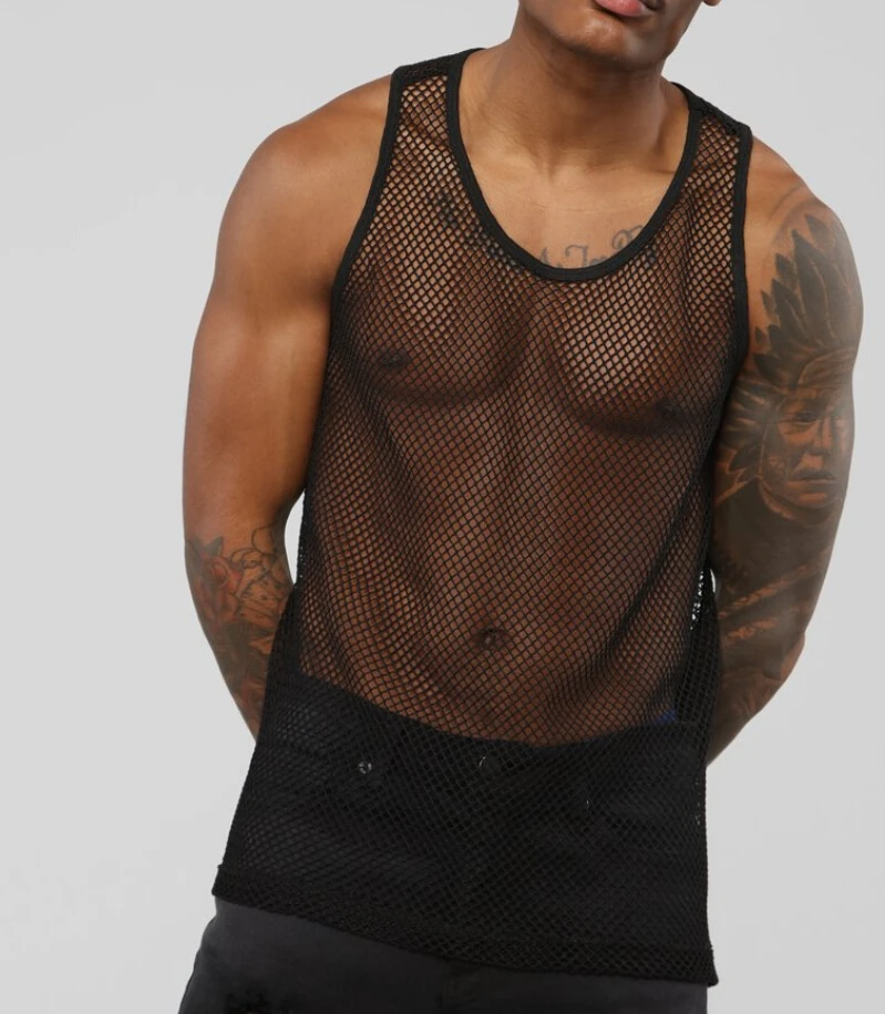 

Sexy Men's Mesh Sheer Fishnet GYM Muscle Tank Top Fitted Clubwear Undershirt Sleeveless See Through Sexy Tops Plus Size Tee