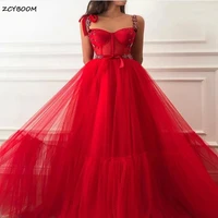 2022 red luxury spaghetti straps flower crystal floor length tulle a line prom dresses long prom gown evening dresses for women