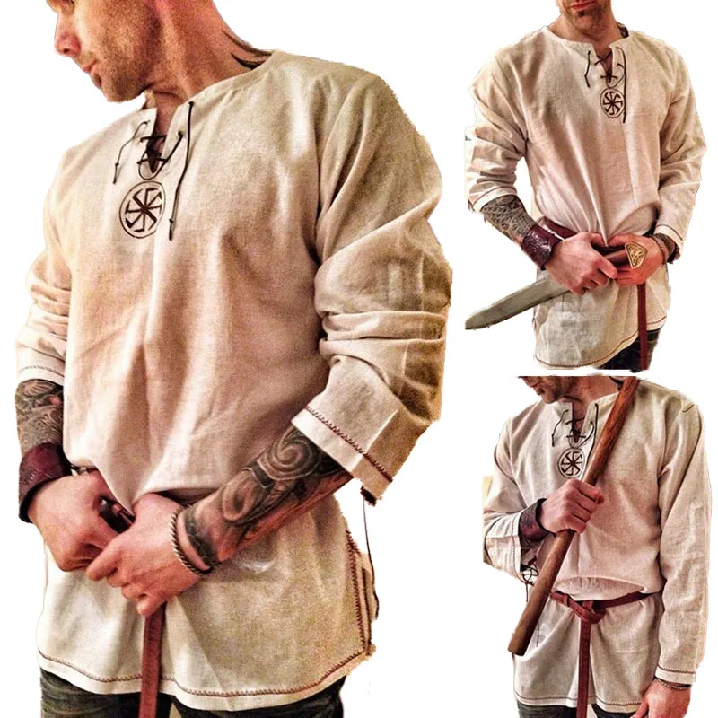 

Embroidery Tunic Shirt Knights Viking Pirate Costume T-shirts Show Men Norse Medieval Battle Warrior Hero Linen Ragnar Lothbrok