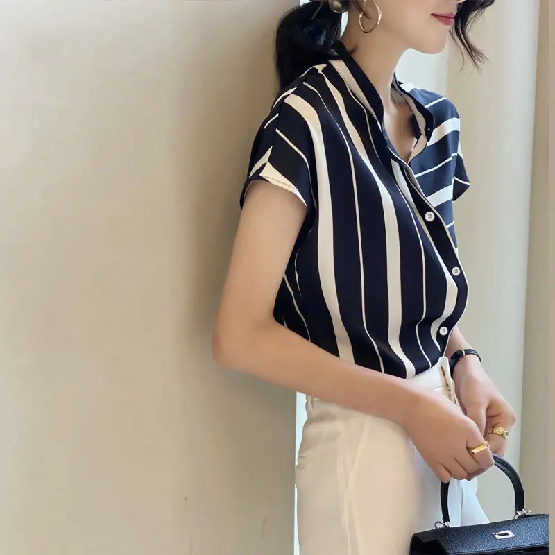 Summer Fashion Short Sleeve Striped Printed Shirt Ladies Loose Casual All-match New Chiffon Blouse Women Top Female Clothes enlarge
