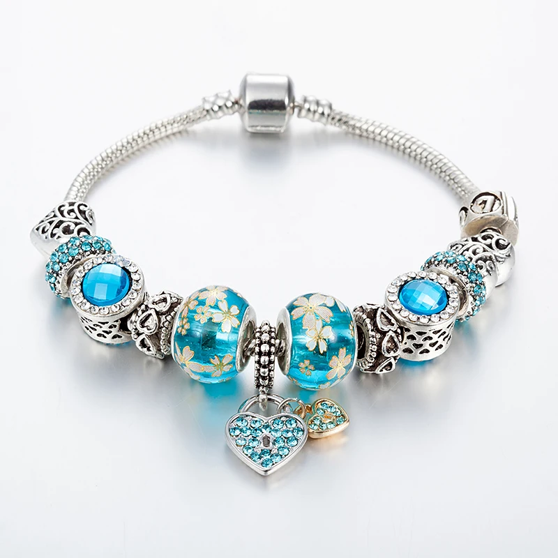 

New Sale European Blue Color Charm Bracelets Heart-Lock Shineing Bangles DIY Jewelry Pulseras Gift for Women B16071