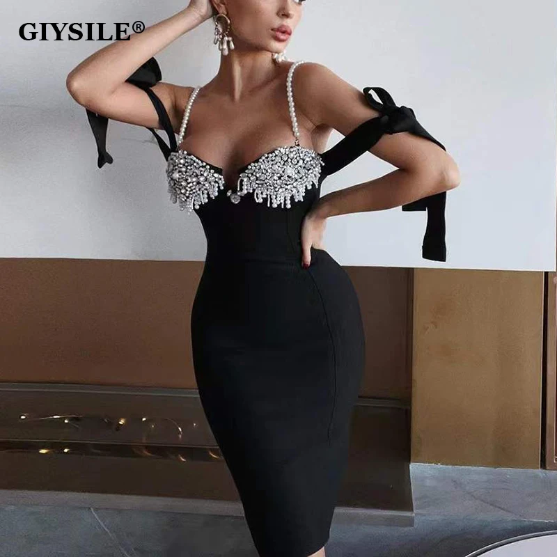 GIYSILE Elegant Handmade Pearl Diamond Suspender Evening Party Dresses For Women 2022 Summer Sexy Backless Bodycon Mini Vestidos