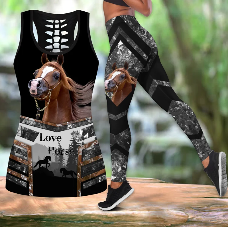 

Beautiful Love Horse 3D All Over Printed Hollow Tank Top & Leggings Set Fitness Female Full Length Leggings Running Pants DDT10