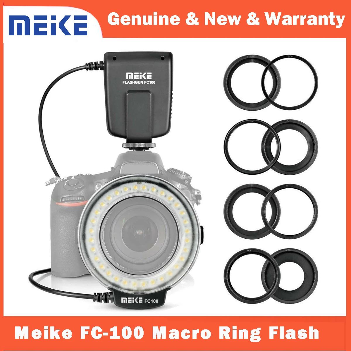 Фото Meike FC-100 FC100 Ручная светодиодная макрокольцевая вспышка с 7-переходным кольцом для цифровой зеркальной камеры Canon Nikon Olympus Pentax №1