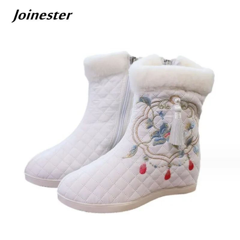 

Women Embroidered Fur Edged Winter Ankle Boots Side Zipper Short Plush Booties with Fringe Ladies Height Increased Warm Shoe