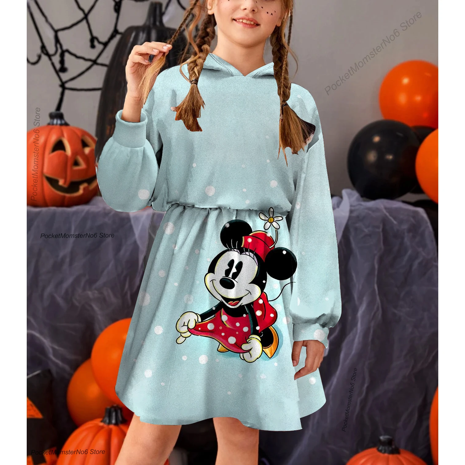 

2022 new girls' clothing hooded sweater dress print autumn and winter cartoon casual cute Disney Minnie hooded dress