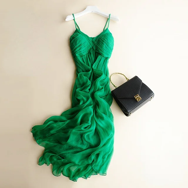 100% Silk Sundress 2023 New Summer Dress Midi Dresses Ladies Beach Outfits for Women Green One-pieces Vestidos